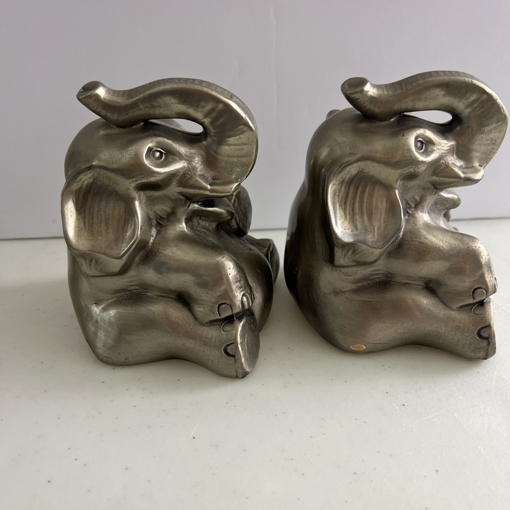Vintage Silver Elephant Figurines Set of 2 Trunks Up Good Luck Statues-Bookends - Picture 2 of 11